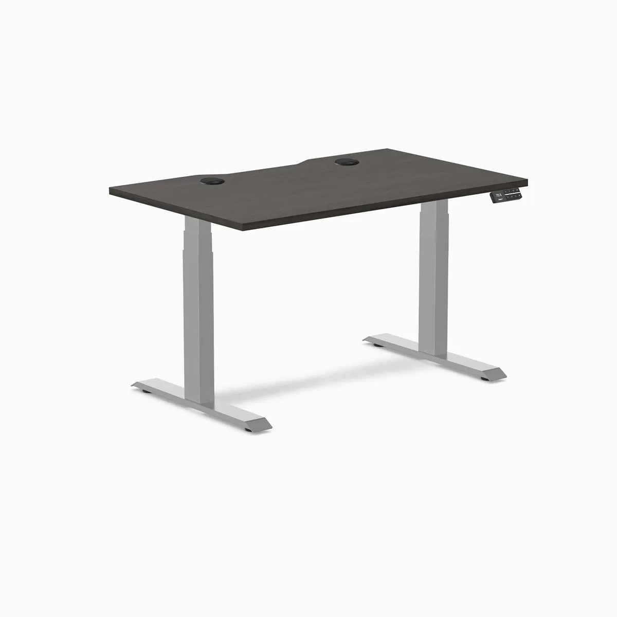 Desky Desky Dual Scalloped Laminate Sit Stand Desk Burnished Wood Grey 47.2 x 29.5 in with Grommets — product photo