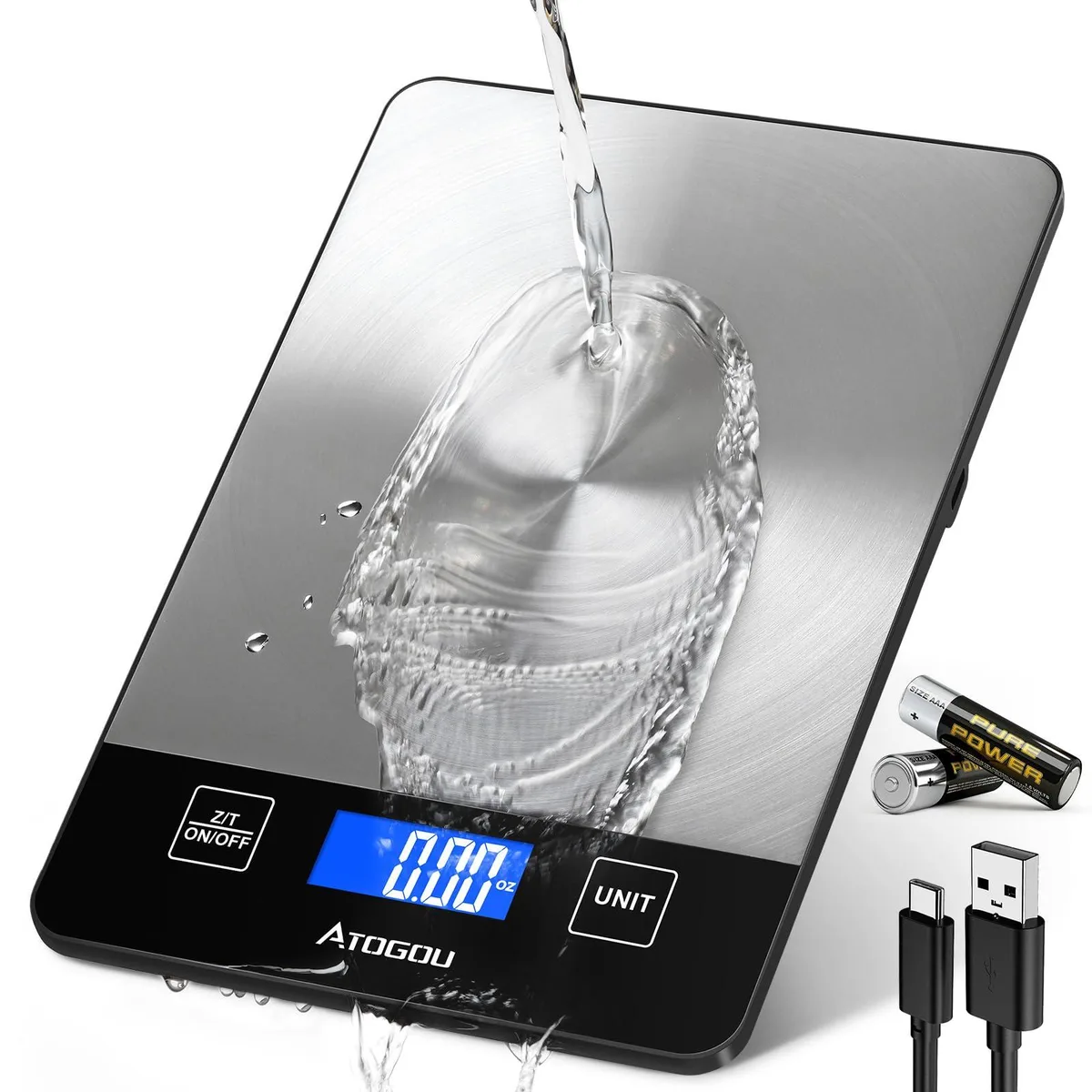 Black handheld digital kitchen scale with stainless steel platform and LCD display