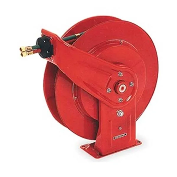 Red twin welding hose reel spring-return wall mount 50 ft 200 psi