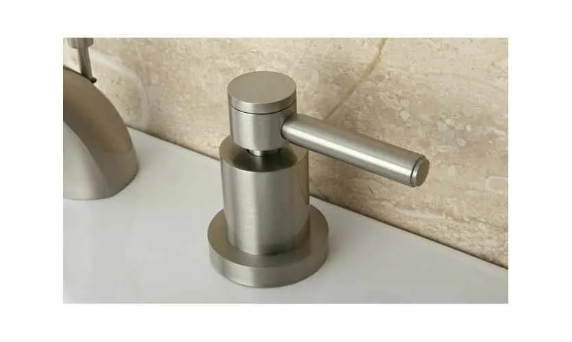 Two-handle mini widespread lavatory faucet in satin nickel with brass pop-up drain