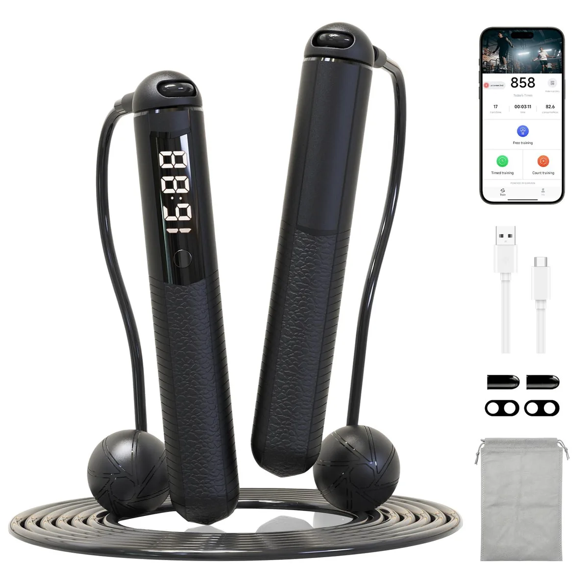 Black smart jump rope with digital handles and adjustable cordless design