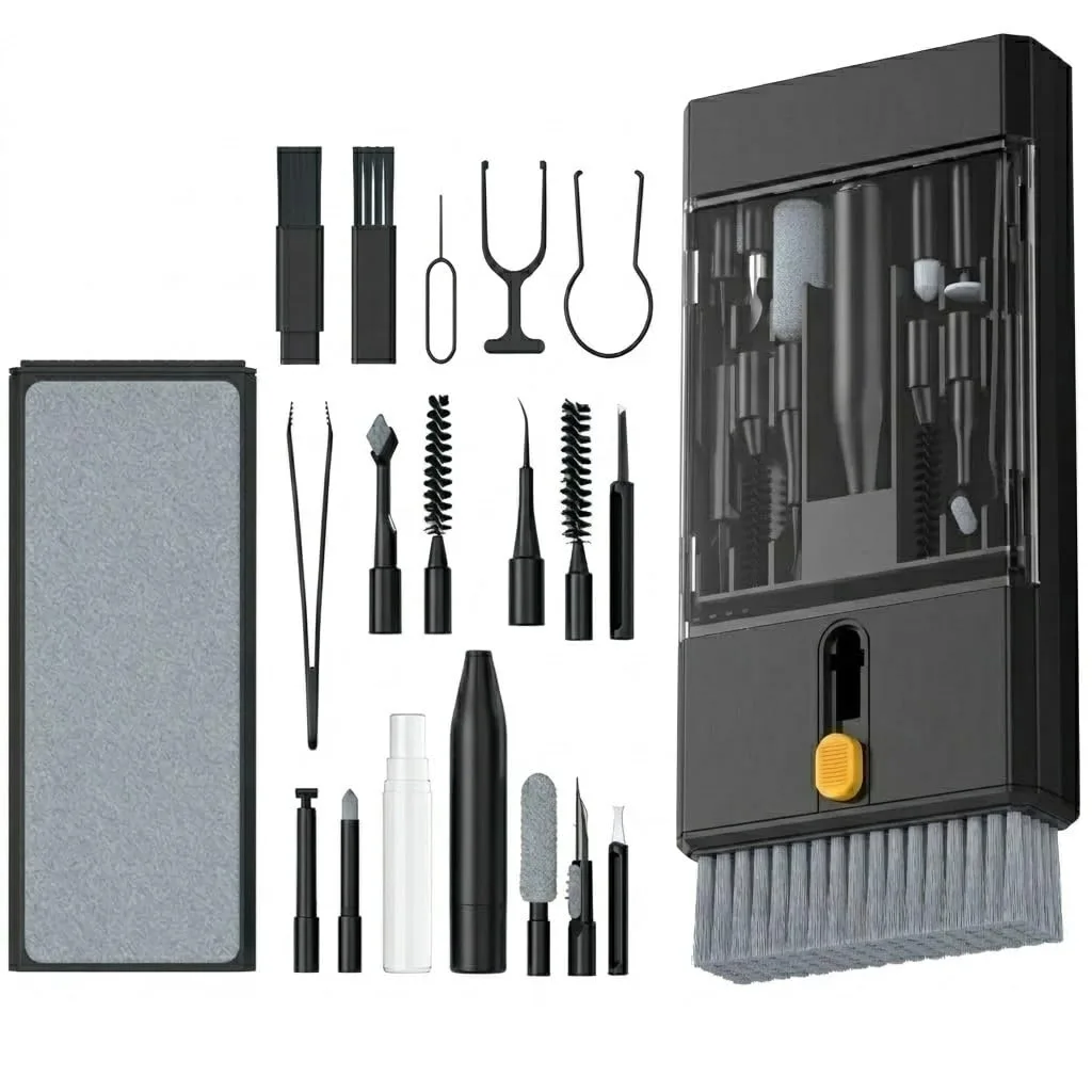 Black 22-in-1 precision cleaning kit in compact case with brushes and tools