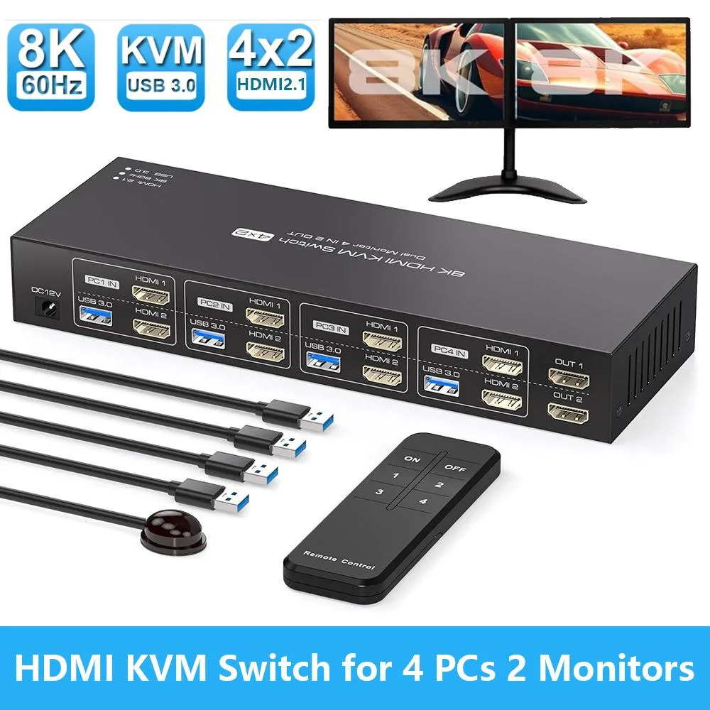 Hitoor Hitoor 4-Port 2-Monitor HDMI KVM Switch 8K@60Hz 4K@120Hz USB 3.0 IR Remote — product photo