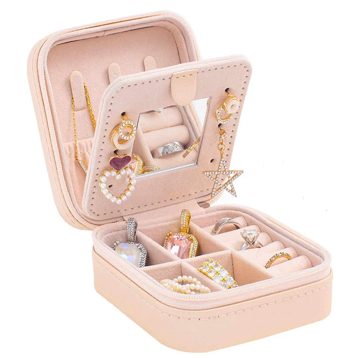 Pink 925 silver jewelry box with mirror, compact rectangular shape, velvet interior visible