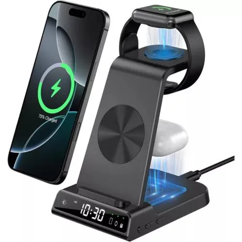 NShi NShi 3-in-1 Wireless Charger Power Bank with Alarm Clock, Black — product photo