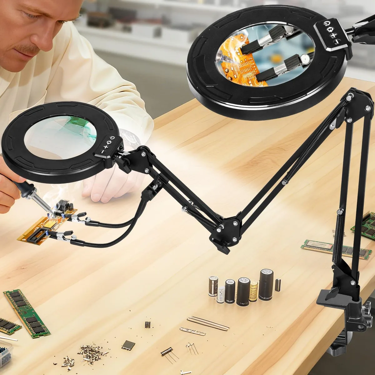 DeWalt 12X magnifying lamp with 35in 3-section swing arm, 5 color modes, 4-way metal clamp