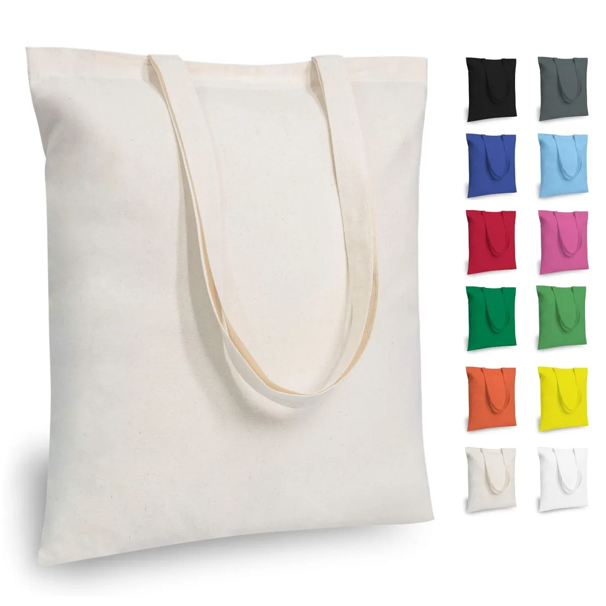Five beige cotton tote bags with long handles, medium size, solid colour, lightweight fabric