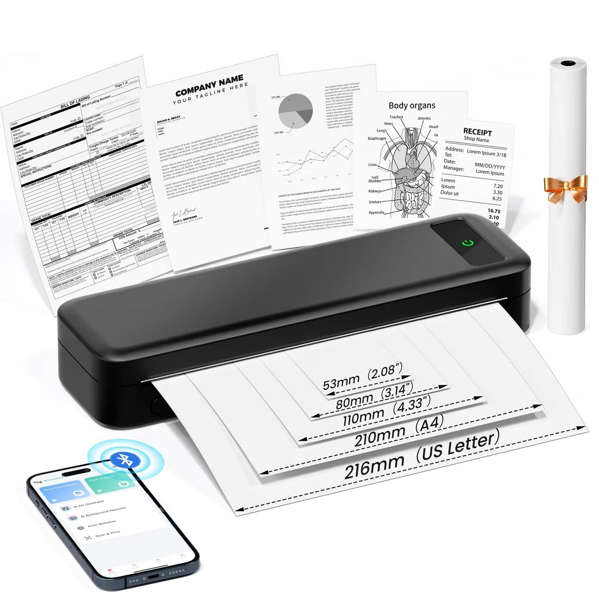 Compact black thermal receipt printer with built-in paper bin, USB-C port and Bluetooth, weighs 1.5 lb