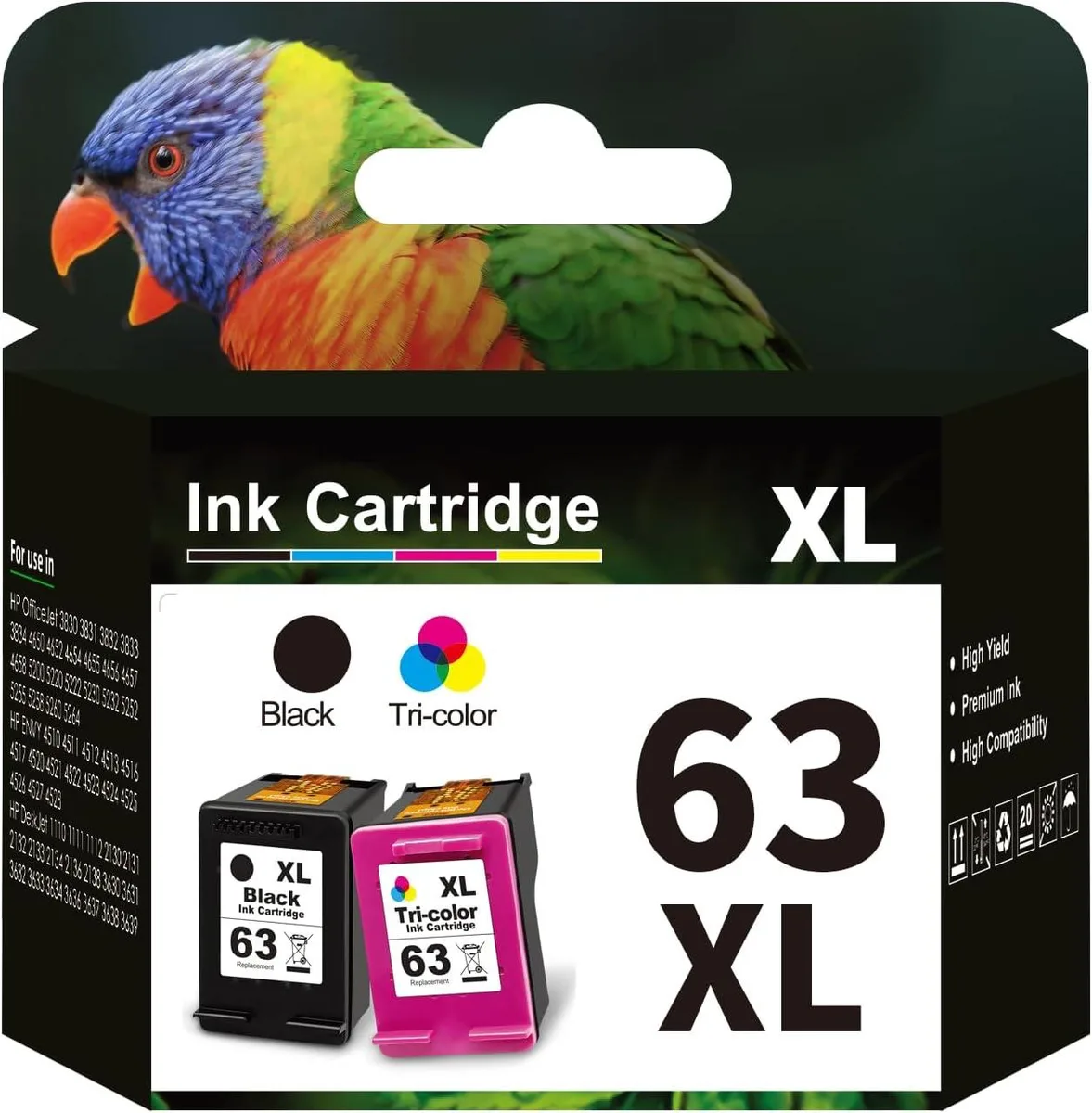 Two black and tri-colour ink cartridges in sealed packaging