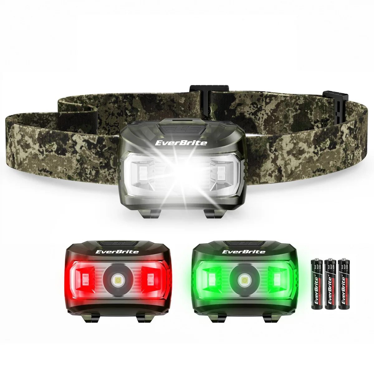 Compact rectangular headlamp in camouflage finish with adjustable elastic strap and tiltable lamp head