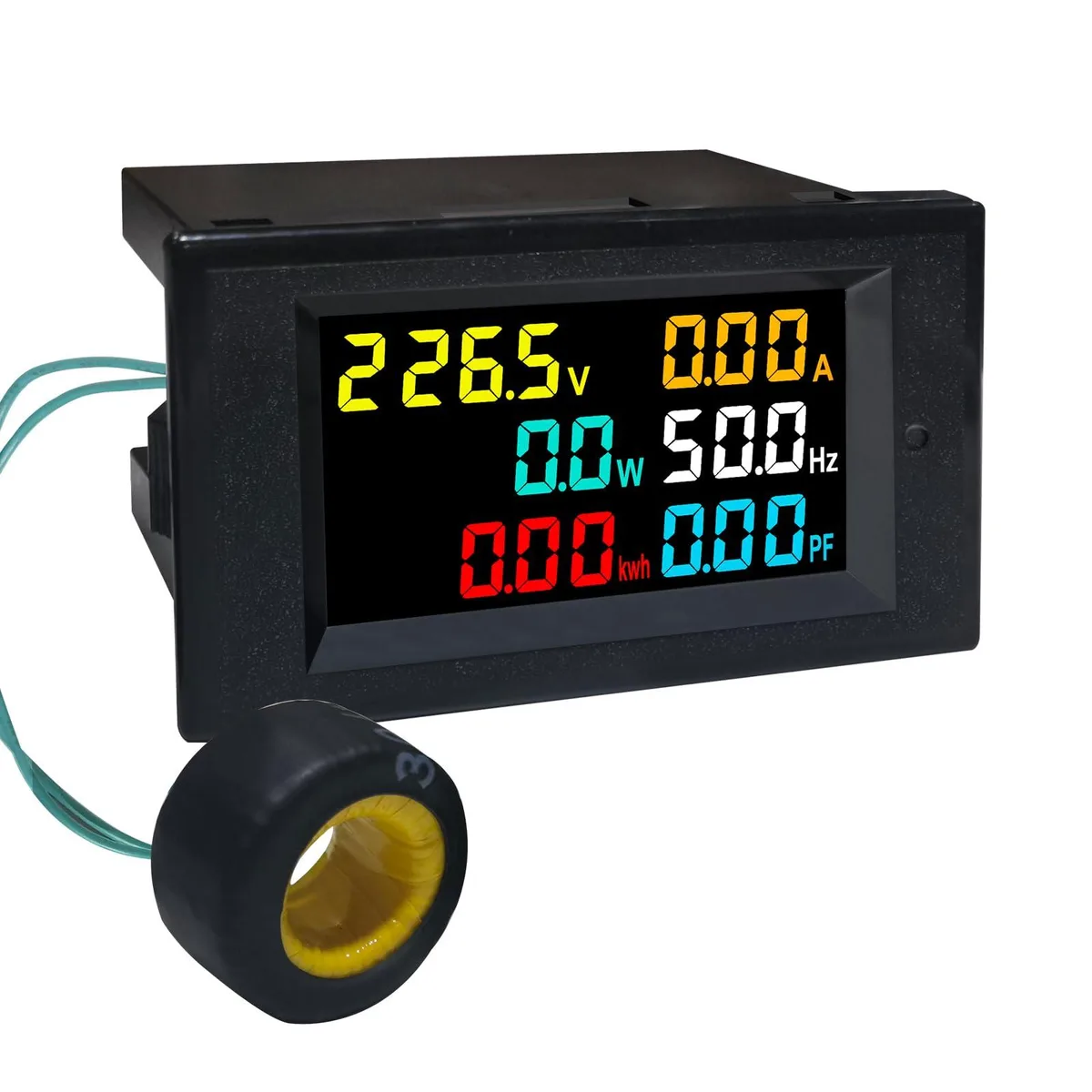 Rectangular LCD panel meter with current transformer, dark casing, digital readout showing voltage and amperage
