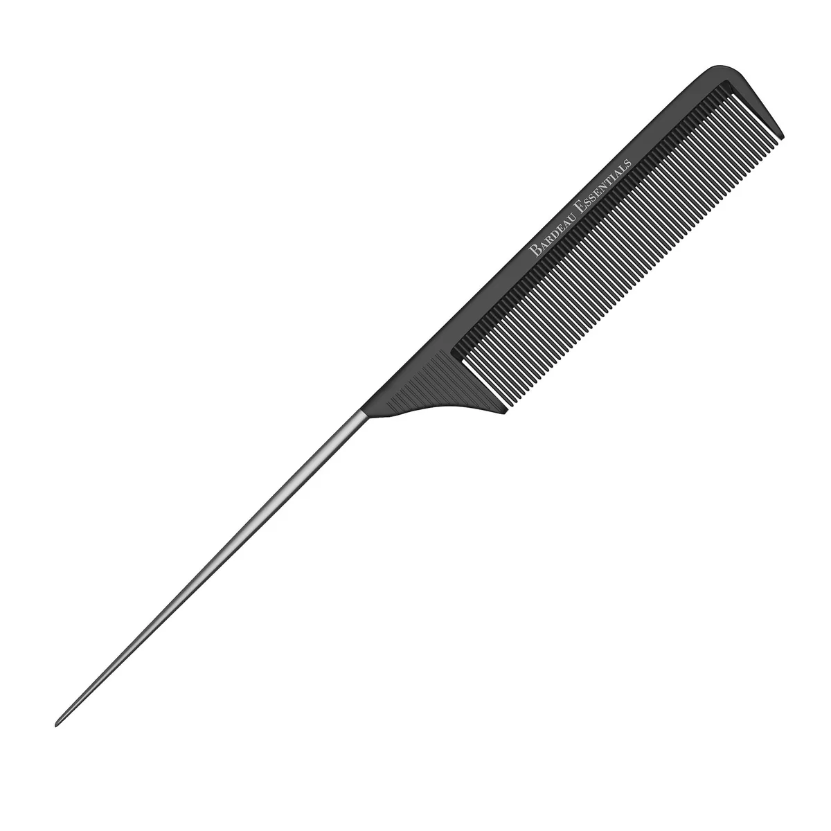 Black carbon-fiber tail comb with stainless-steel pintail, 8.8 inches long