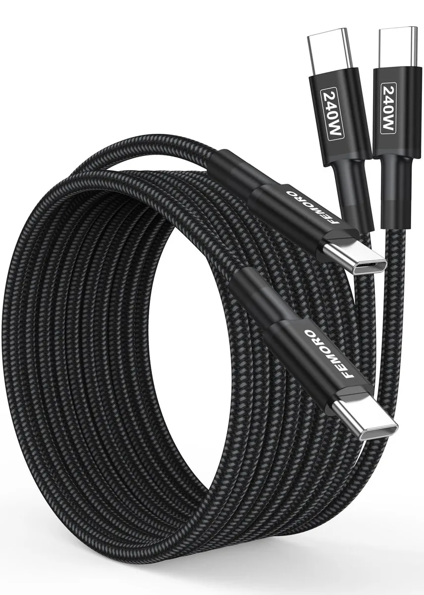 Two black braided USB-C to USB-C cables with aluminium connectors, each six feet long