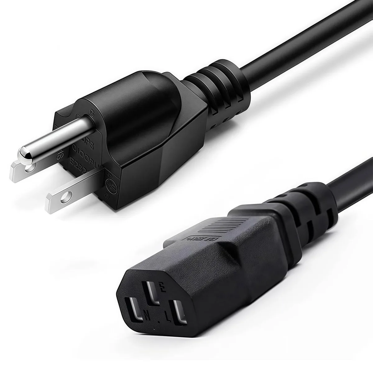 Black 1.5 m three-prong AC power cord with male-to-female connectors