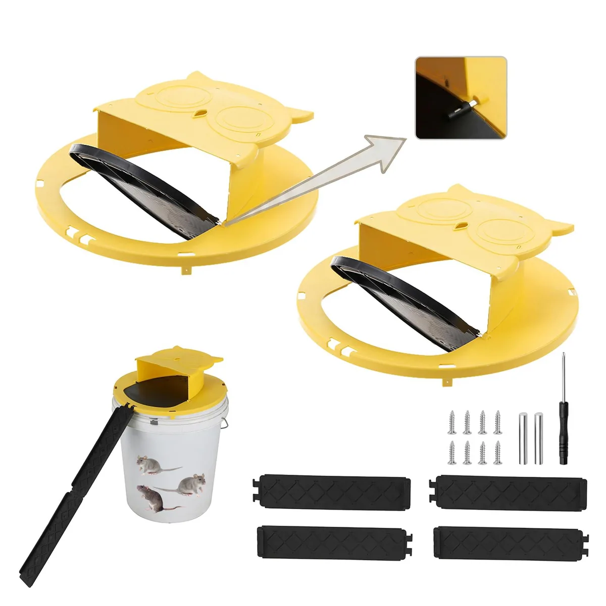 Black plastic bucket lid trap with rolling auto-reset mechanism, shown on a five gallon bucket