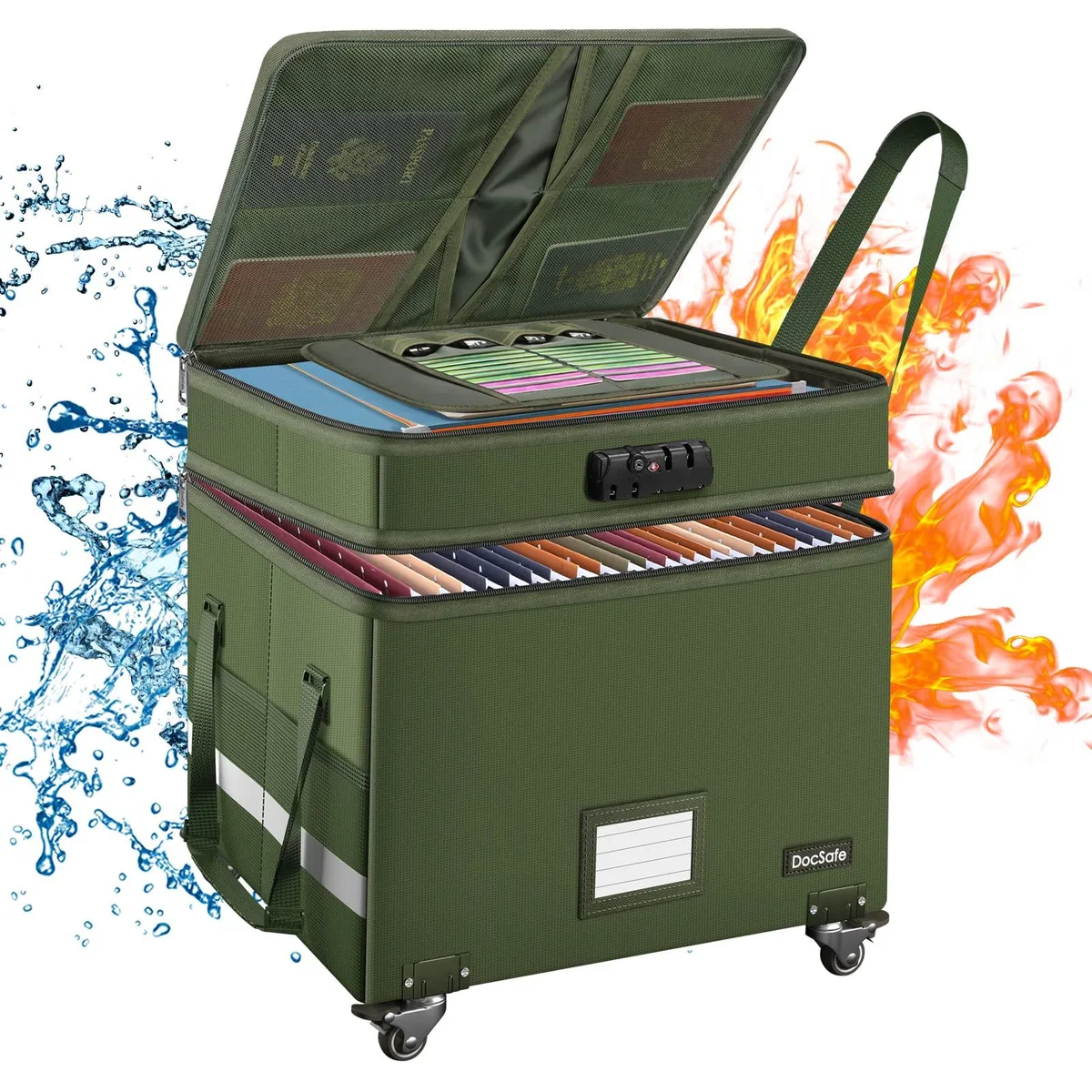 Green rectangular fireproof file box with four wheels and a handle