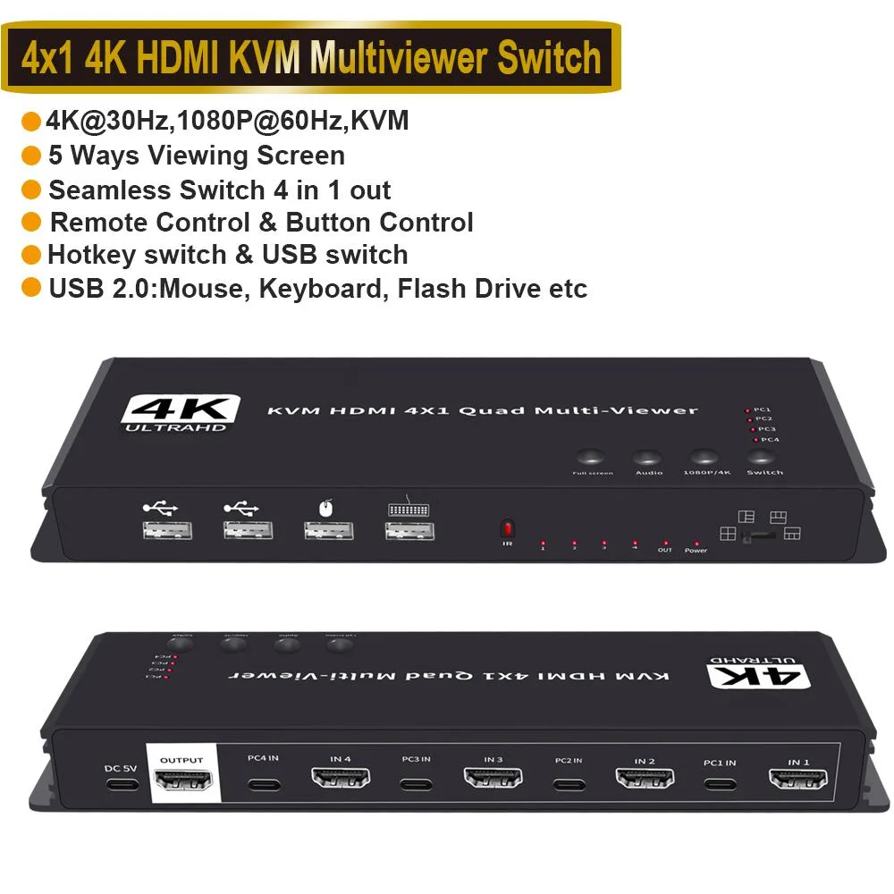 ESTONE ESTONE OZK6 HDMI KVM Multiviewer Switch 4x1 4K@30Hz/1080@60Hz 4 USB 2.0 IR Remote Black — product photo