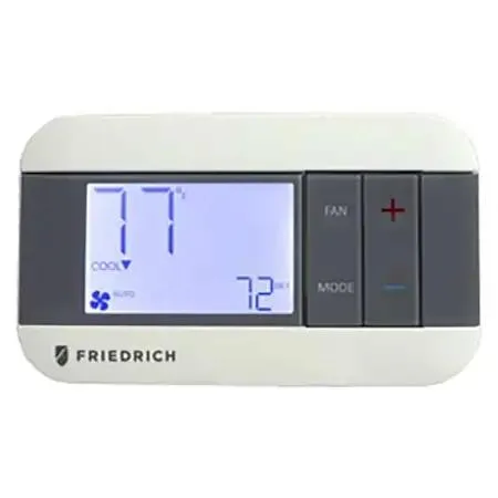 White rectangular thermostat with digital display and buttons