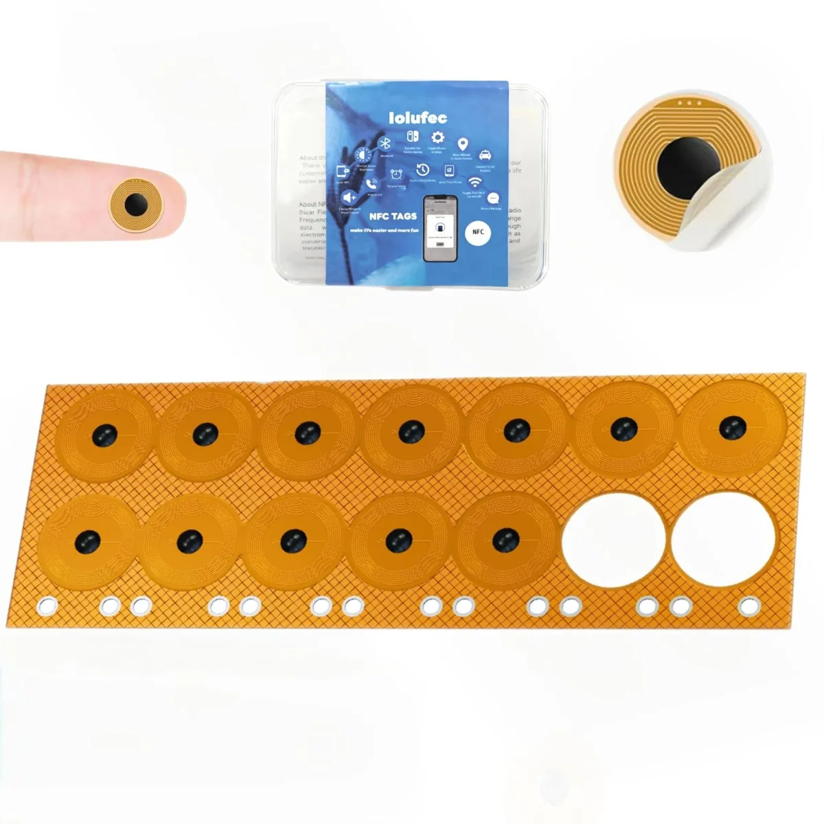 Fourteen tiny round NFC stickers in a small plastic case