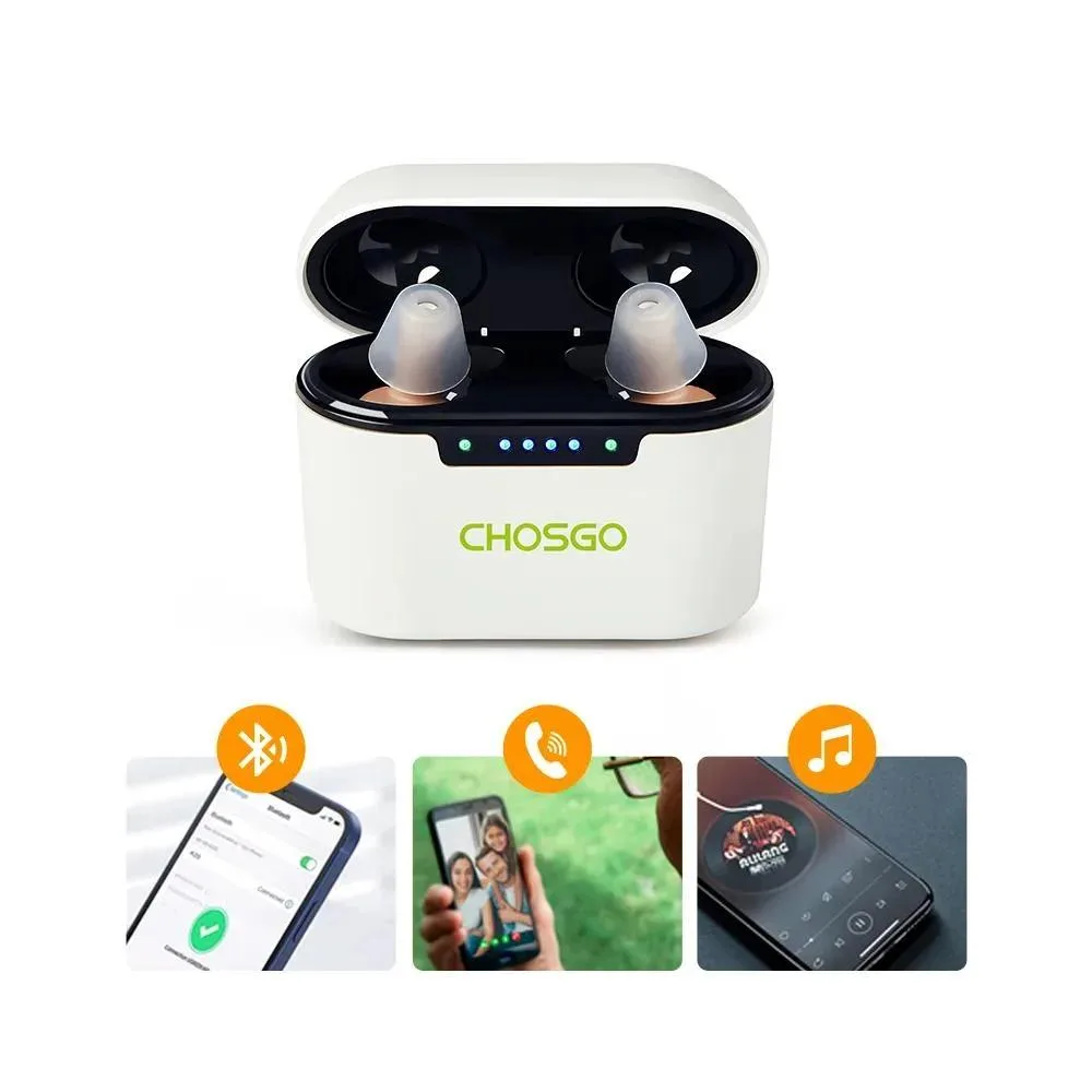 Pair of beige in-ear hearing aids with charging case