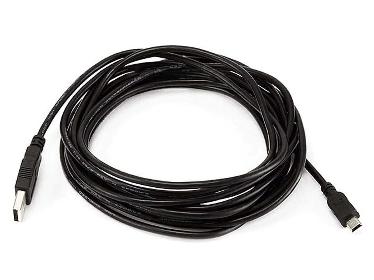 15-foot USB-A to mini-B 5-pin cable with molded strain relief