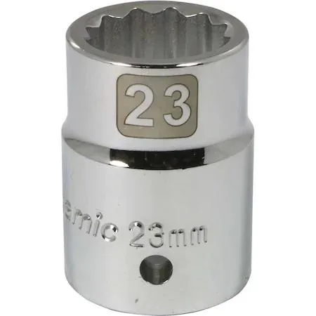 Polished chrome 3/4 inch drive 23mm 12-point socket with knurled ring and laser-etched markings