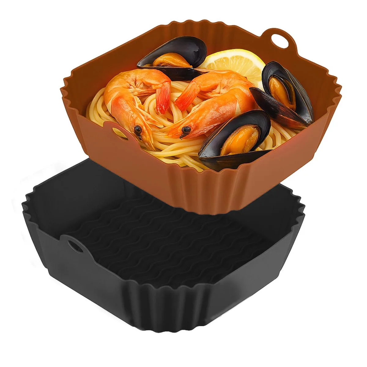 Two square silicone air fryer liners, black and brown, 2.36 inches deep with raised lines on the base