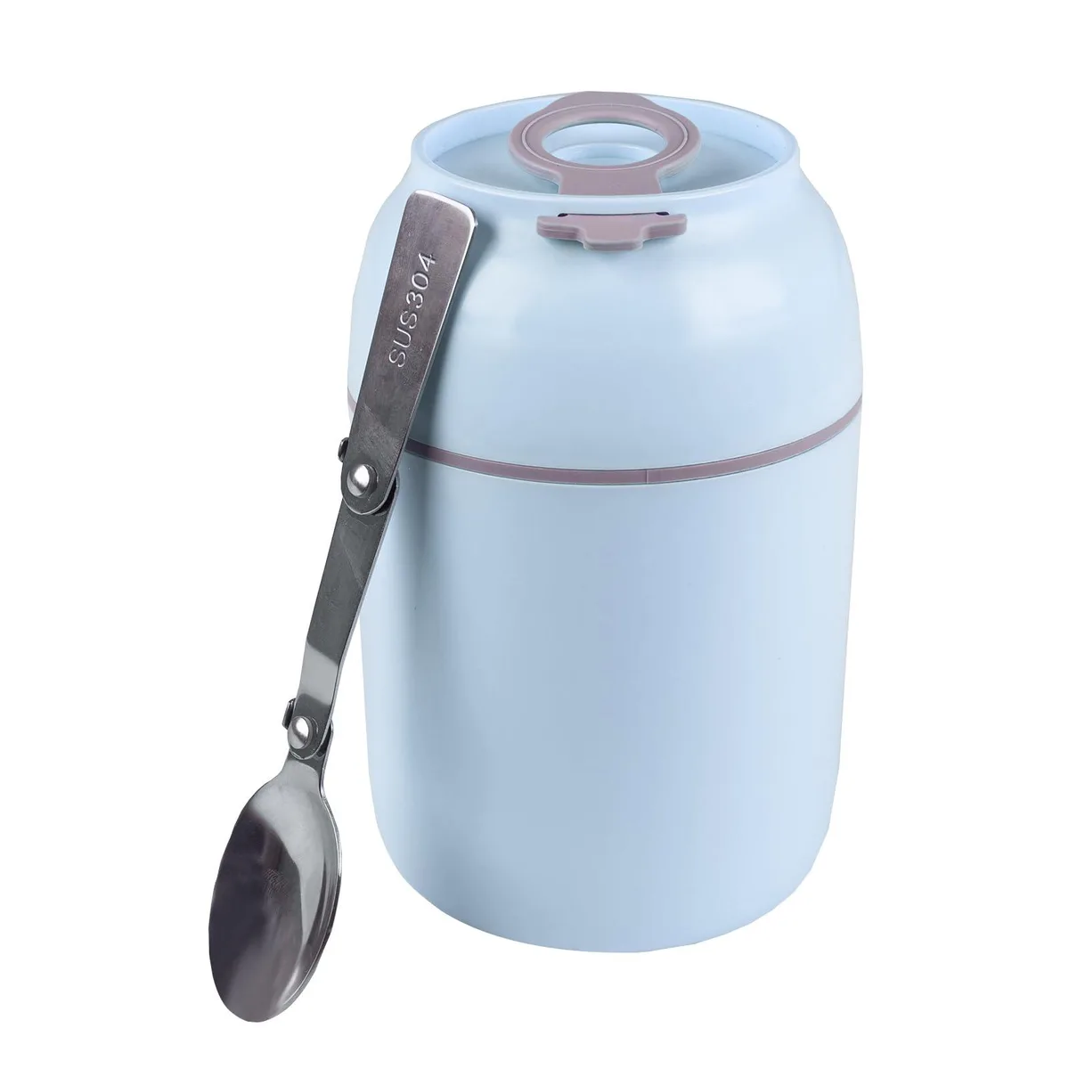 Blue insulated food jar with folding spoons, 17oz capacity