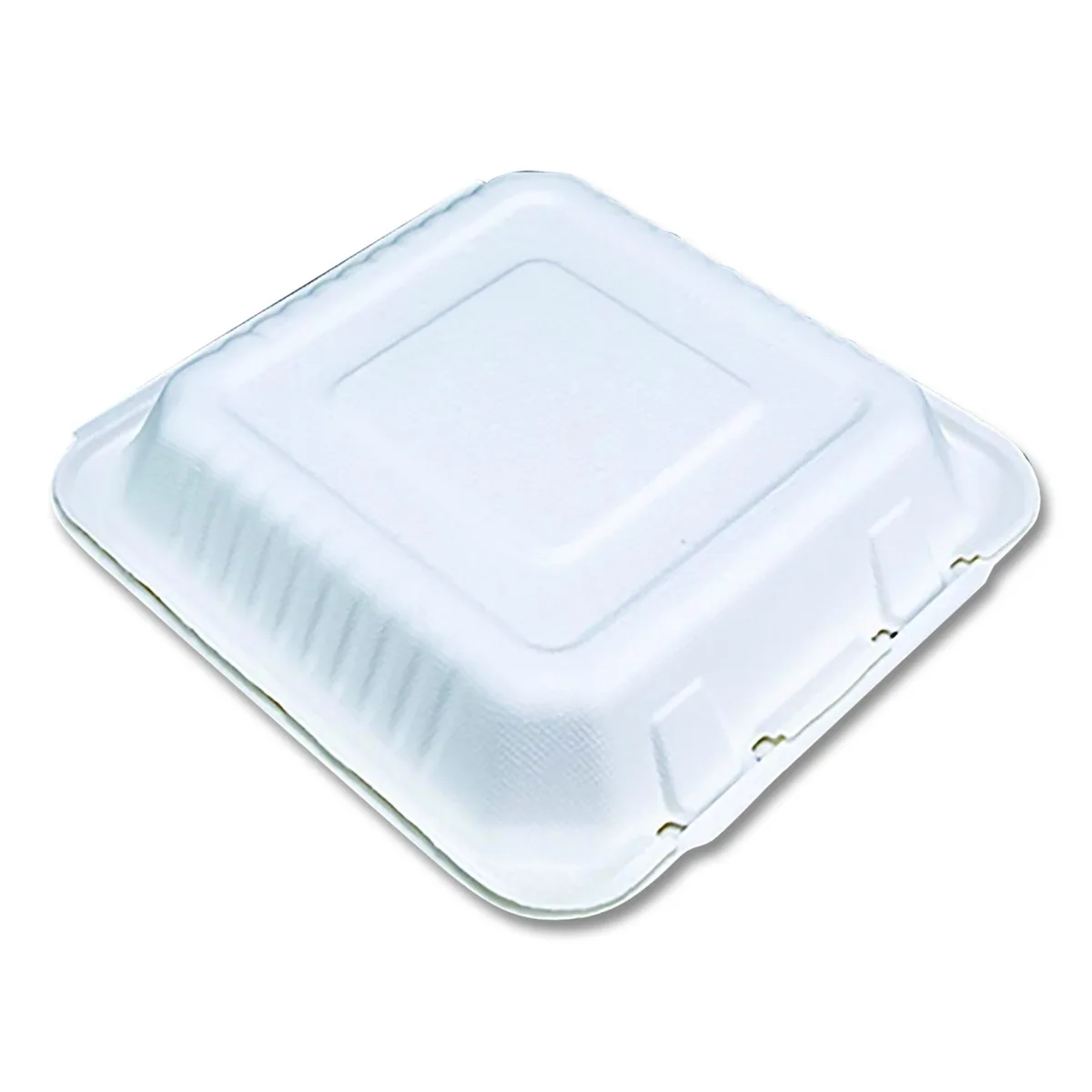 White molded-fiber clamshell food container, 9 by 9 inches, hinged lid, pack of 100