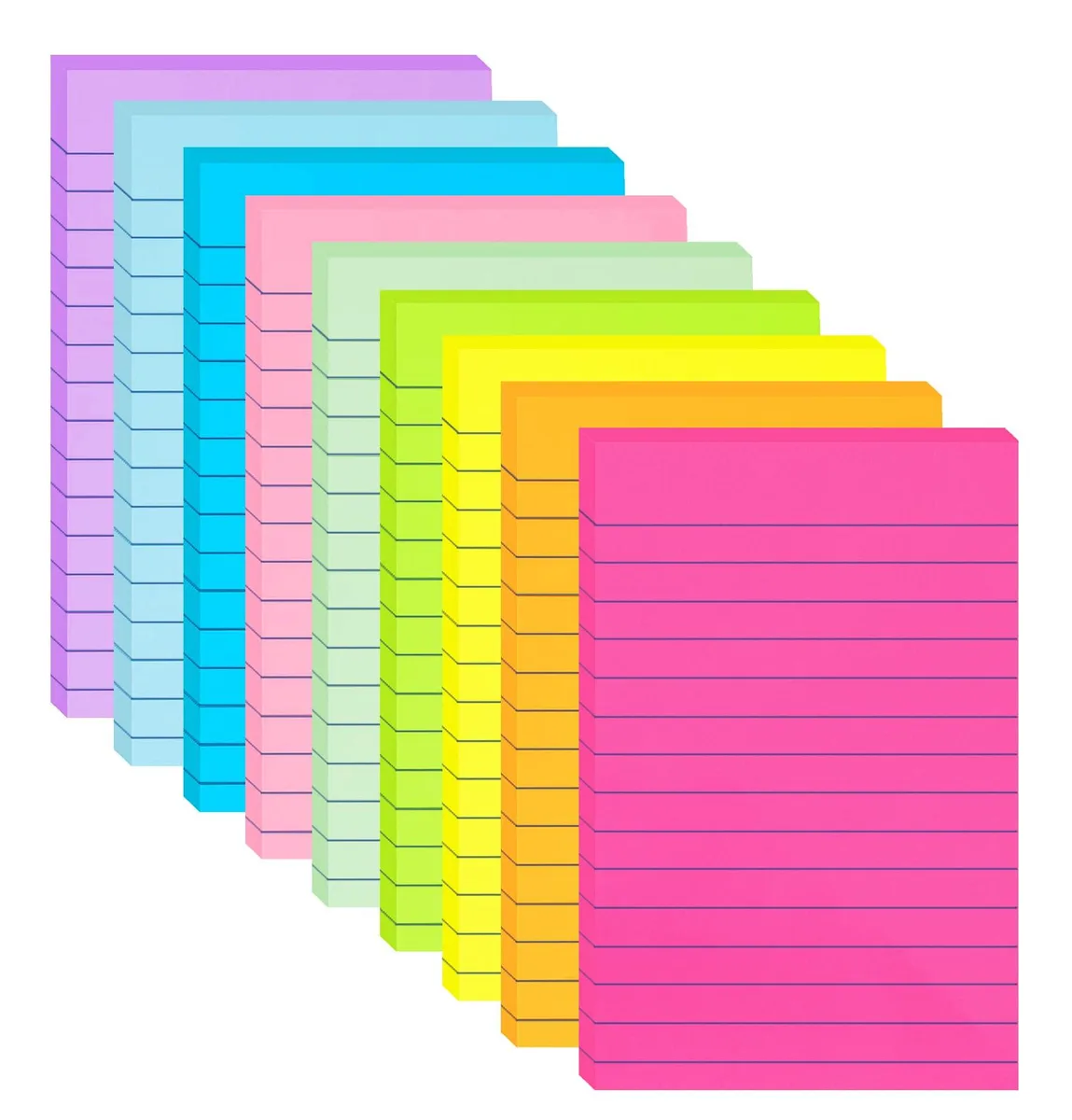 Nine square pads of lined sticky notes in bright assorted colours, 4 by 6 inches each