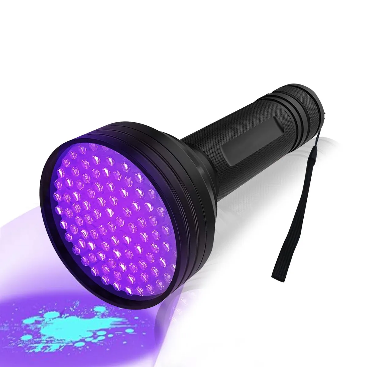 Black aluminum UV flashlight with 100 LEDs, 390 nm, weighs .31 kg, 15 hour runtime