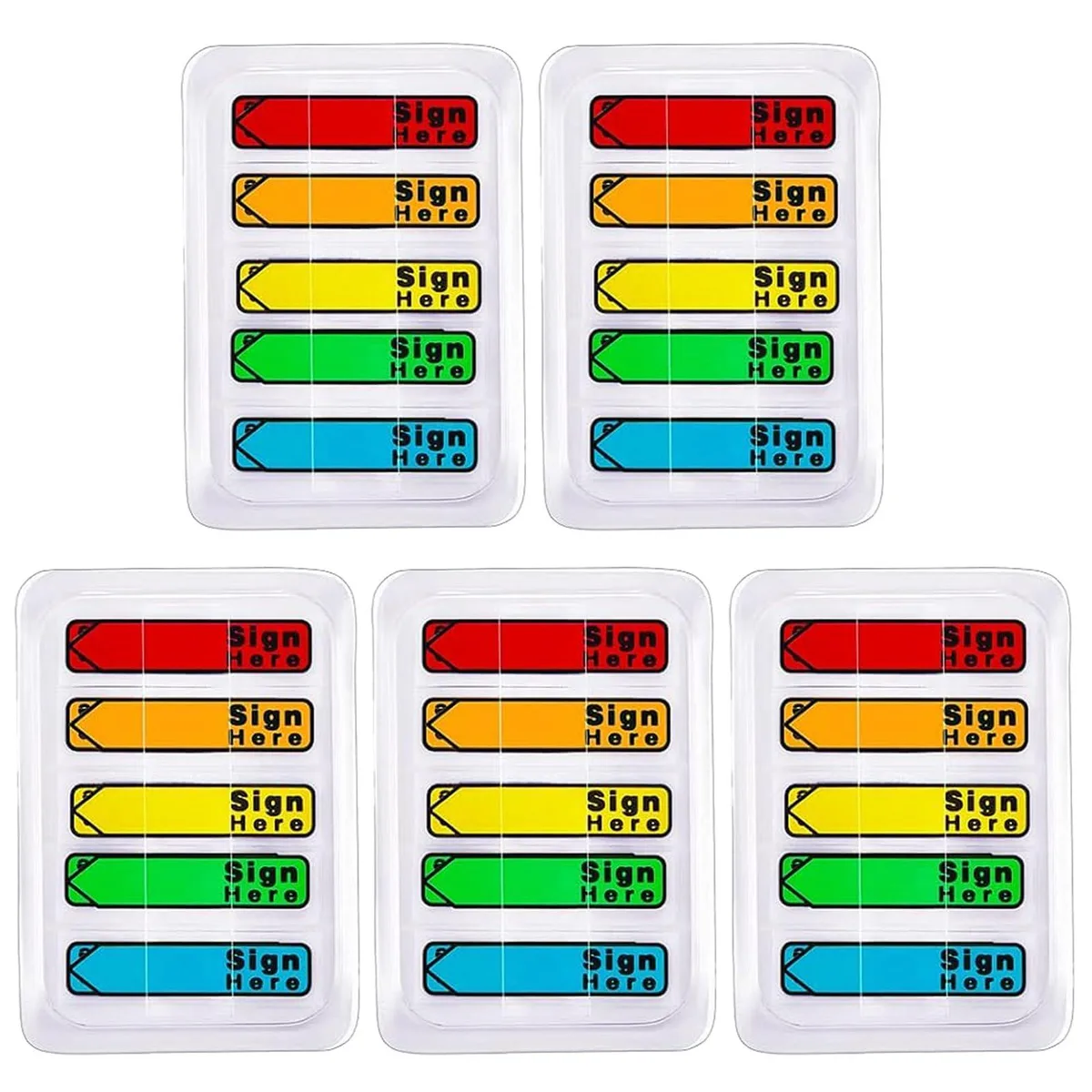 Five packs of multicolour Sign Here sticky tabs in a clear dispenser box