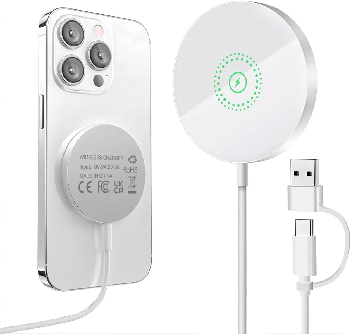 RUOCLRIS RUOCLRIS Magnetic Wireless Charger 15W USB-A/C 3.9ft Cable 7mm — product photo