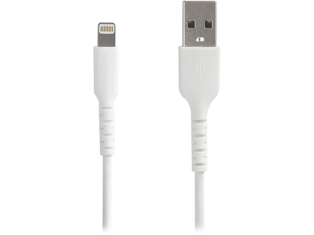 White 1 m USB-A to Lightning cable with TPE jacket and reinforced strain relief