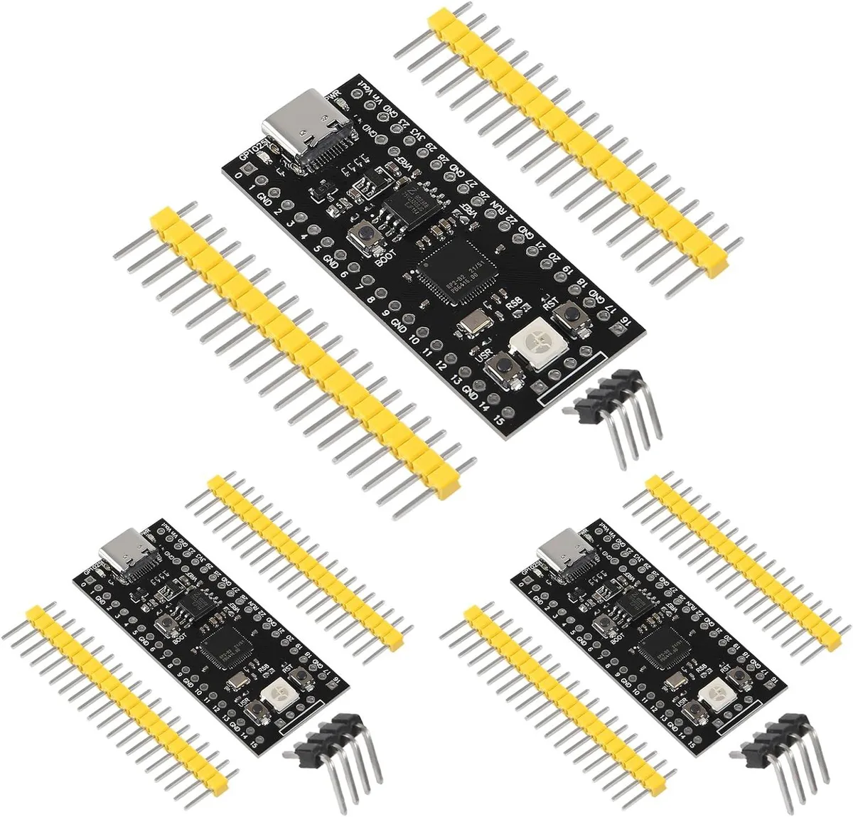 Three small green circuit boards with USB-C connectors and onboard components