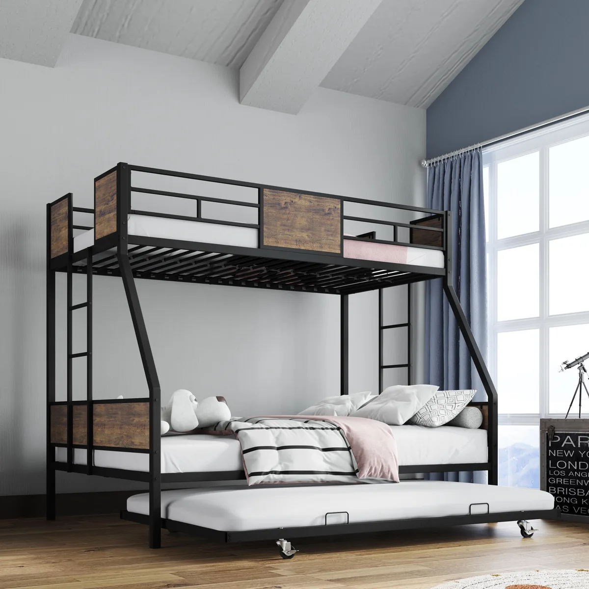 Brown metal and wood twin over full bunk bed with trundle, guardrails and two ladders