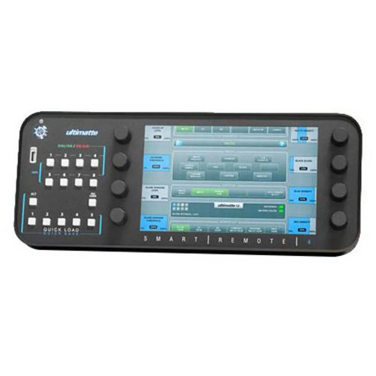 Black rectangular desktop unit with 10.1 inch touchscreen, eight rotary knobs and labelled buttons