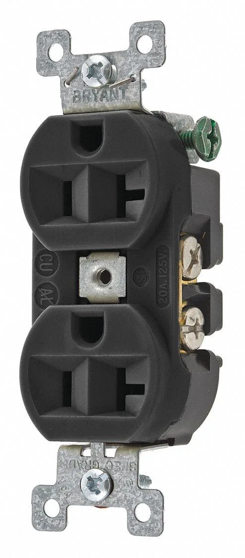 Black nylon duplex receptacle with two grounded slots and a flush-mount face