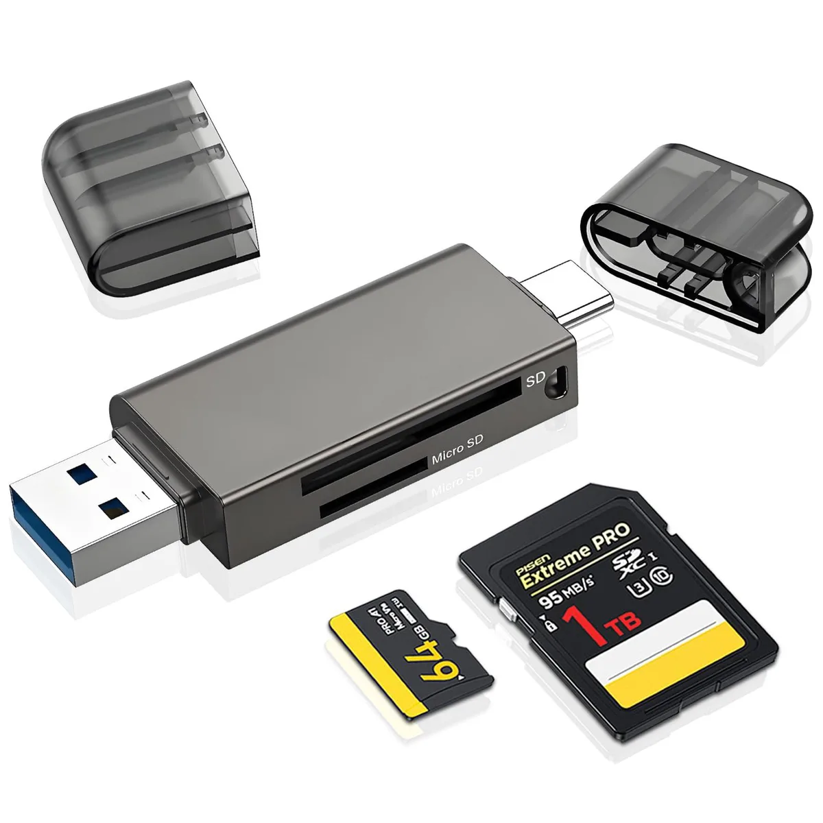  DERSUR RFID USB-C USB-A SD MicroSD Reader 2-in-1 104MB/s UHS-I — product photo