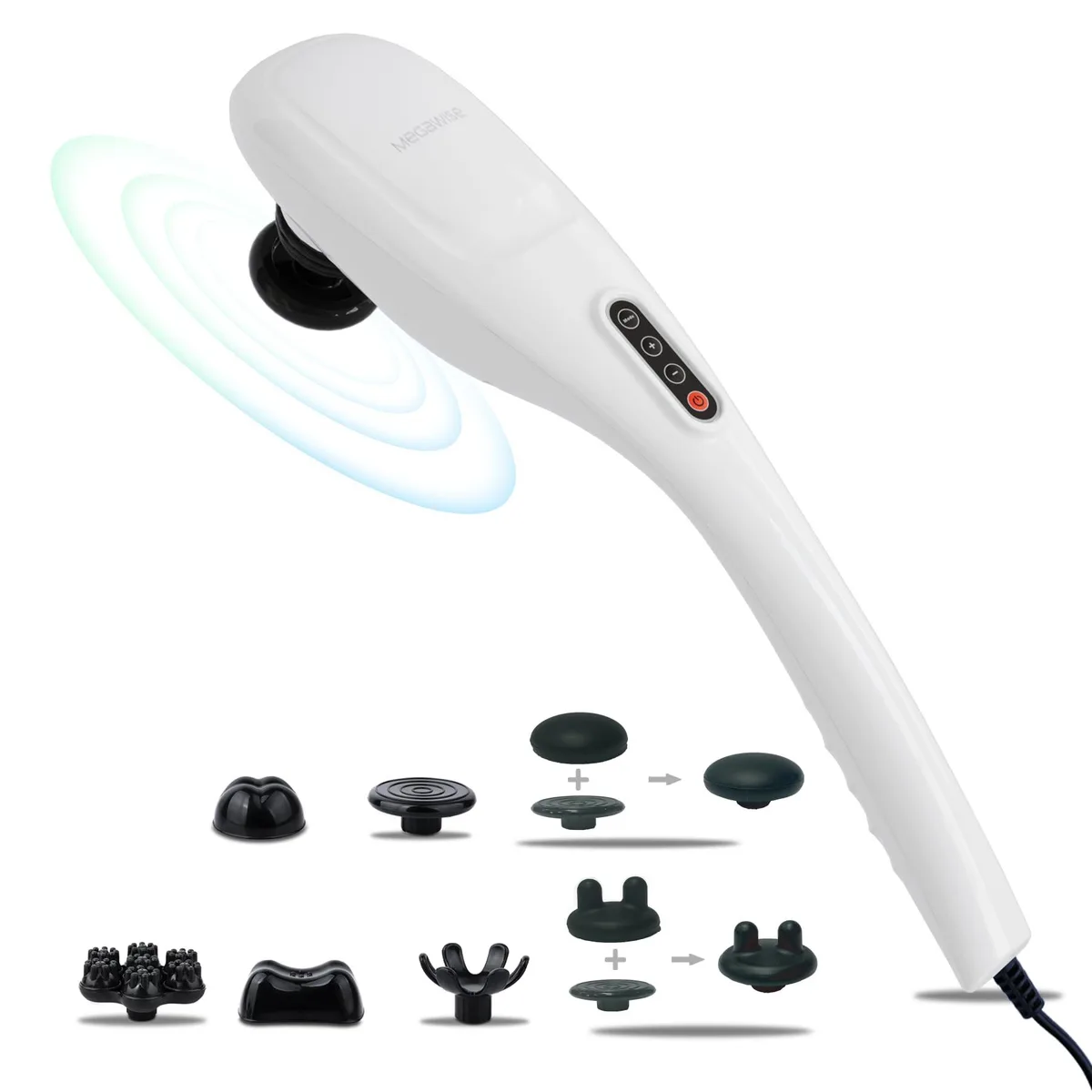 Pearl white handheld back massager with 6ft corded design and curved ergonomic handle