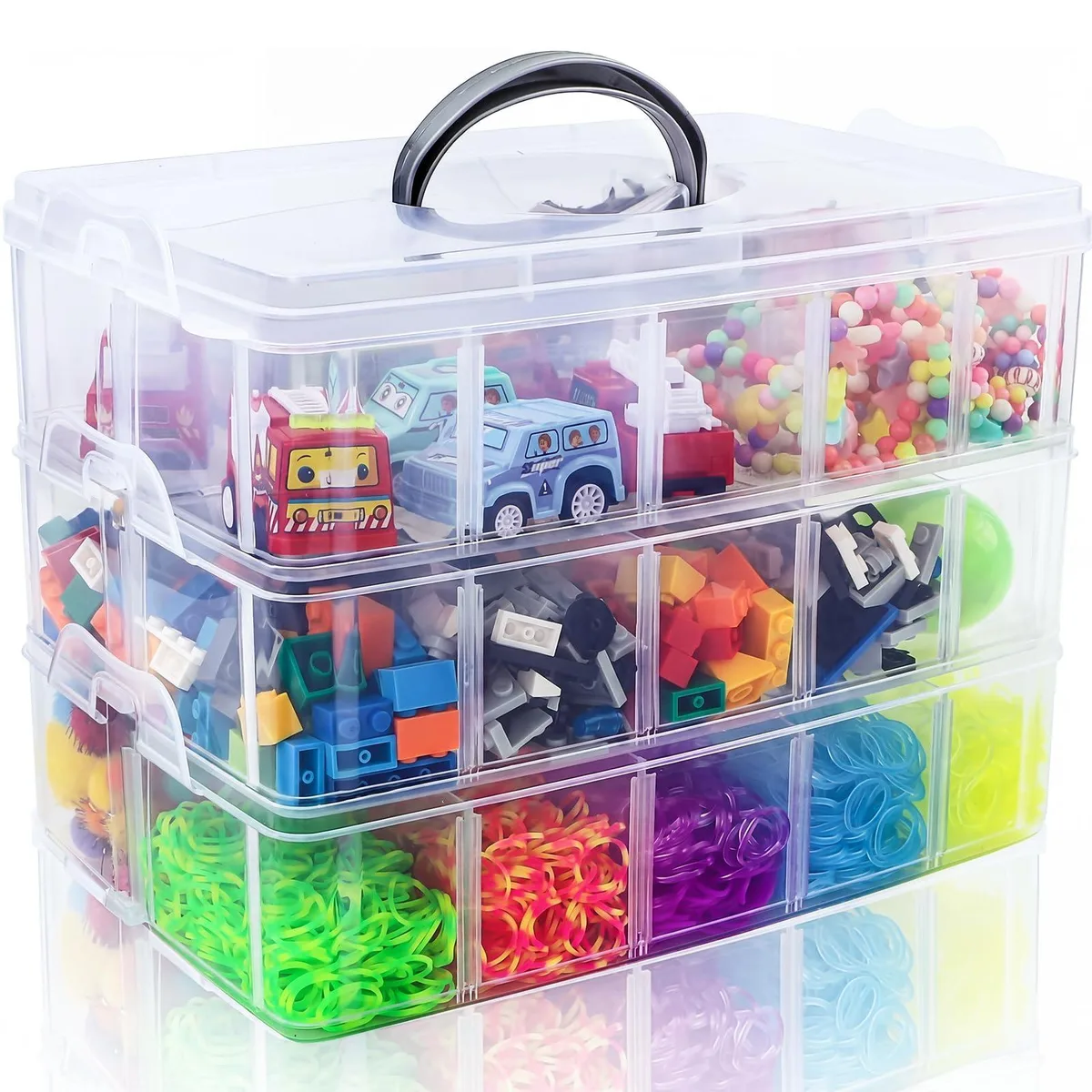 Clear rectangular three-tier plastic storage box with snap latches and top handle