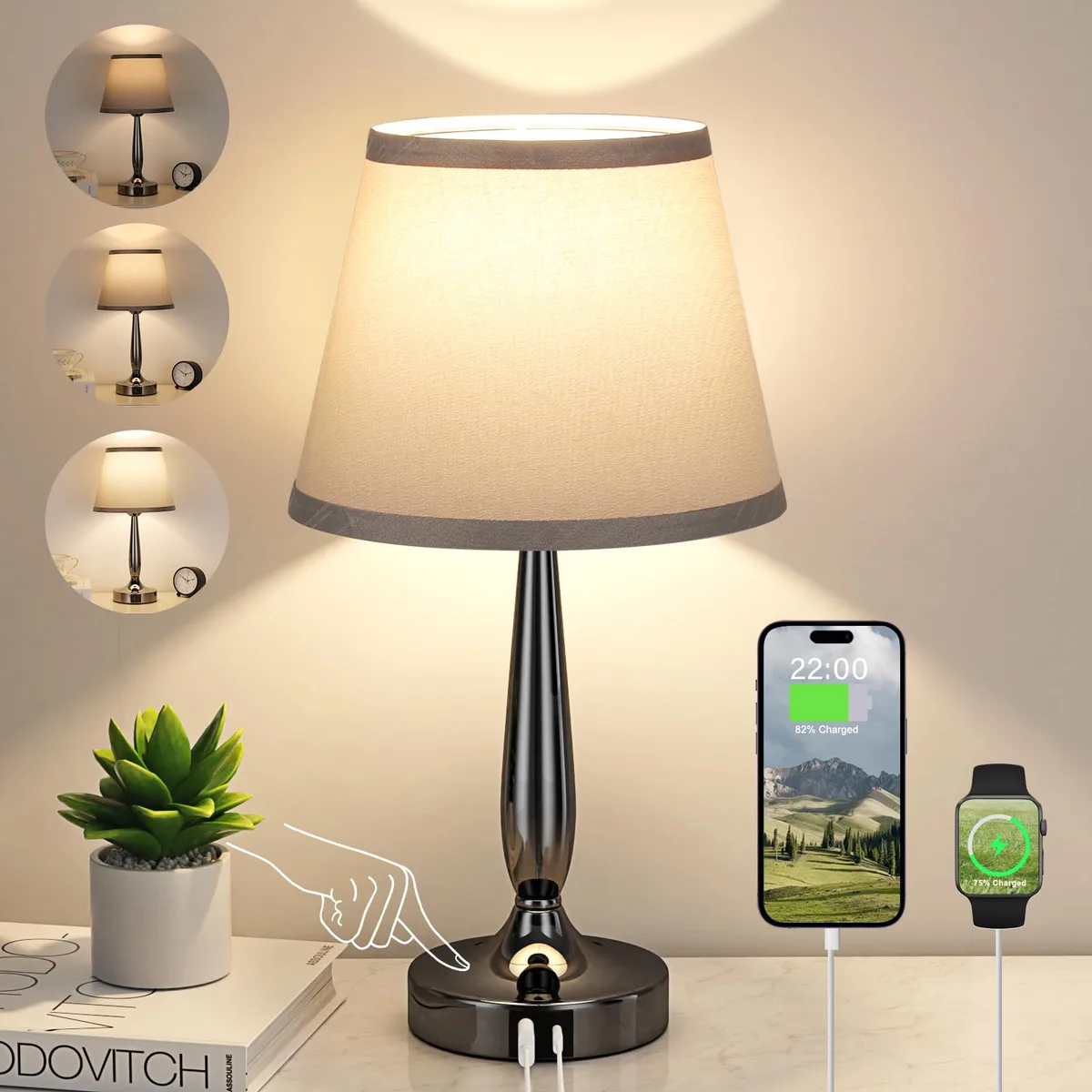 Kakanuo Touch Table Lamp Grey Shade Pearl Black Base USB-C 16.3 in — product photo