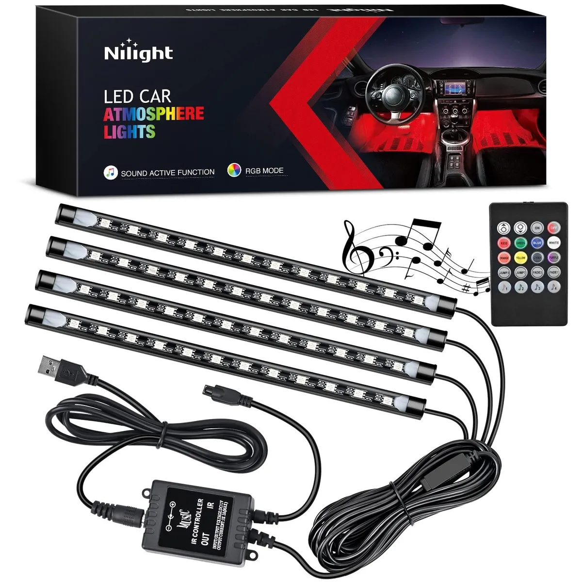  Nilight 48 LED Multicolor Car Strip Light Kit 4pcs USB Sound Active IR Remote — product photo