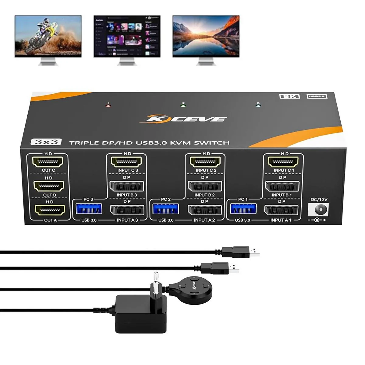 SMA SMA KVM Switch 3 PC 3 Monitor HDMI 2.1 2 DP 1.4 8K 60Hz 4K 144Hz 120Hz 165Hz USB 3.0 Wired Remote 12V — product photo