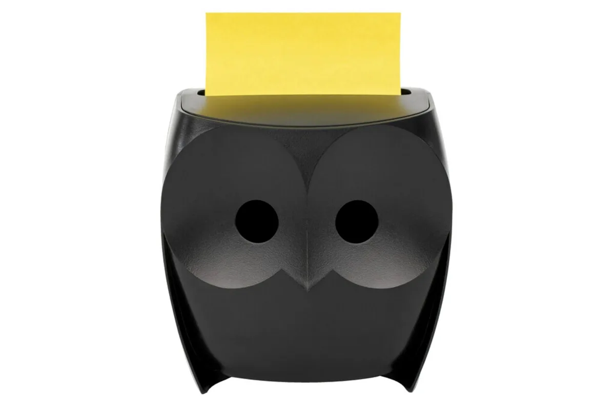 Black owl-shaped sticky note dispenser, 5.1 by 4.4 inches, includes 45 sheets