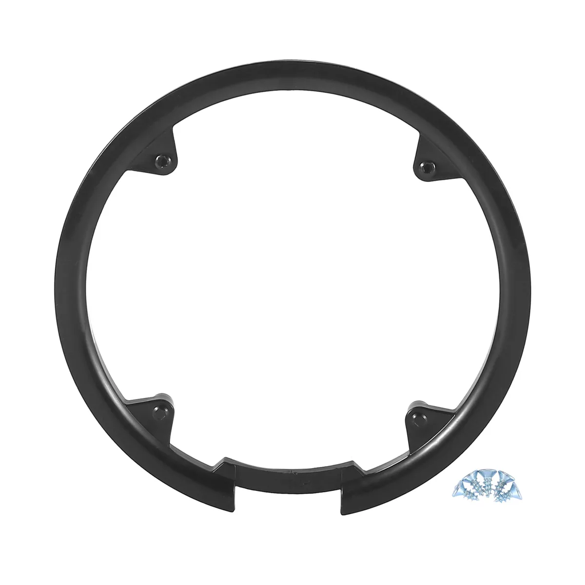 Black plastic 42-tooth chainwheel cover with four mounting holes, 10.4 cm pitch, 18.9 cm diameter, includes five screws