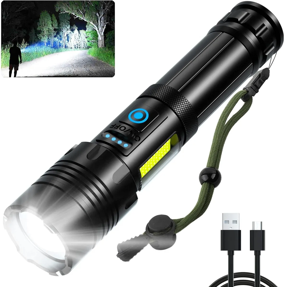 Cylindrical handheld flashlight with textured grip and built-in USB ports