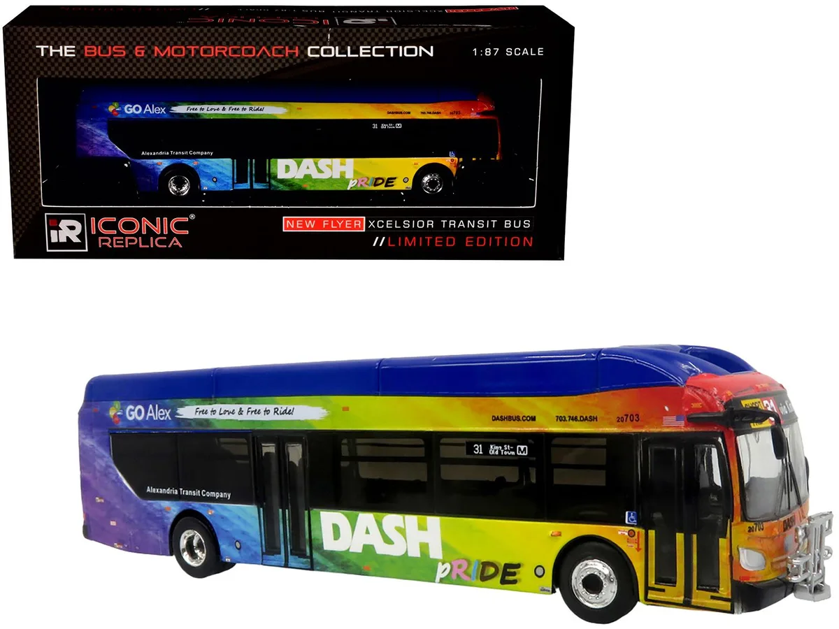 Iconic Replicas Iconic Replicas New Flyer Xcelsior XN40 DASH Blue Rainbow Limited Edition 1/87 Hobby Collectible — product photo