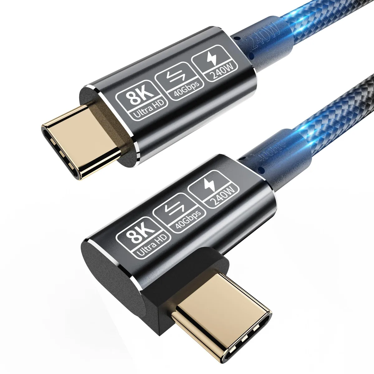 Black Thunderbolt 4 USB-C cable with 90-degree right-angle connectors, 3.3 ft length