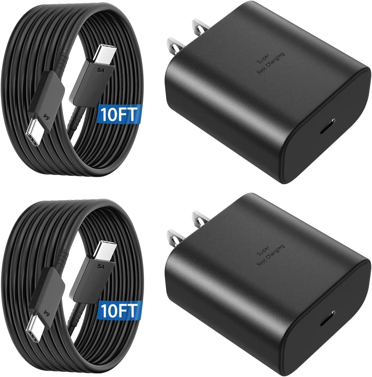 Compact white USB-C wall charger with a long 10ft white cable attached